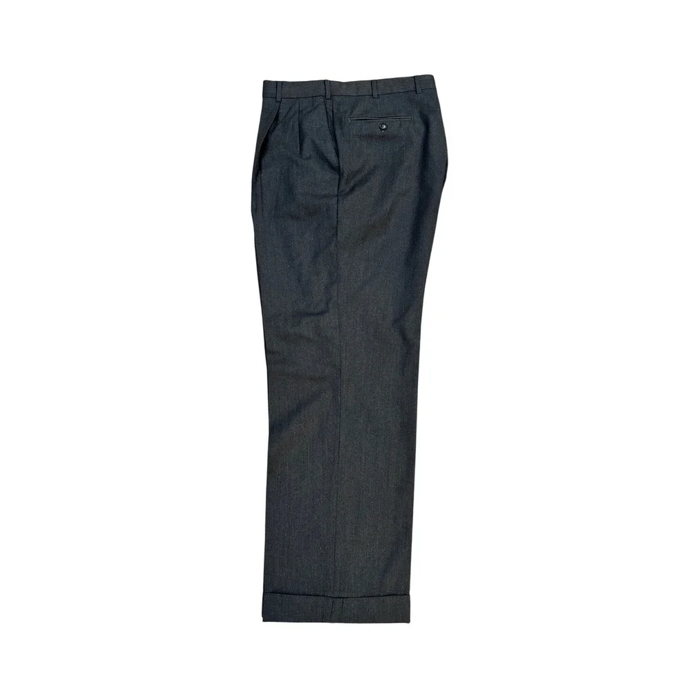 Berle Mens Charcoal Grey Super 100s Worsted Wool Pleated Cuffed Dress Pants 36R